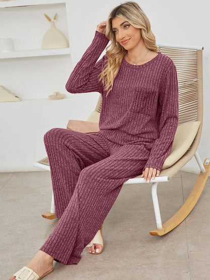 Round Neck Long Sleeve Top and Pants Set-Nordavory