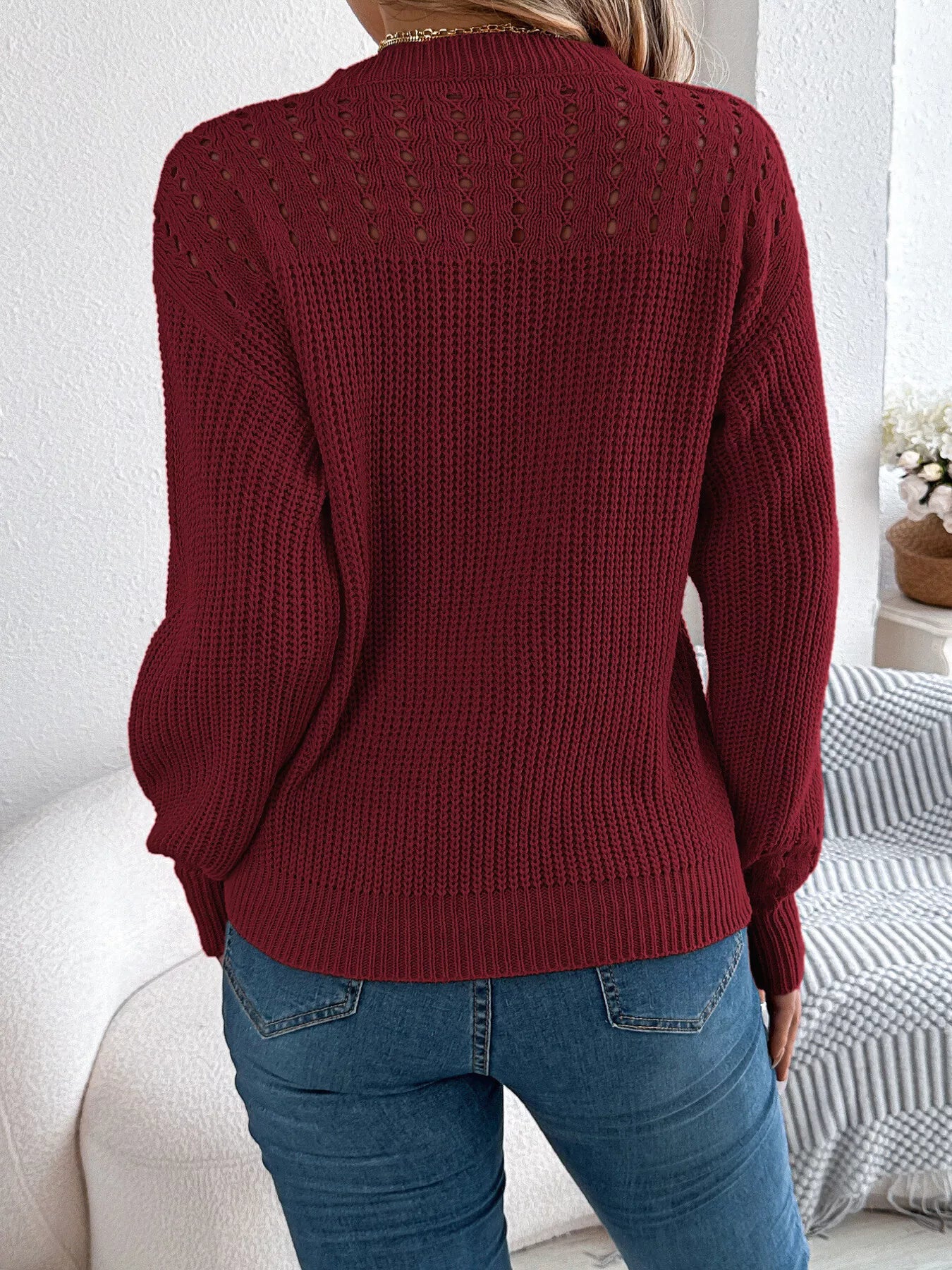 Openwork Round Neck Long Sleeve Sweater-Nordavory
