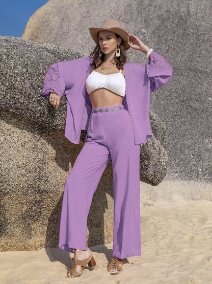 Lace Detail Open Front Cover Up and Pants Set-Nordavory