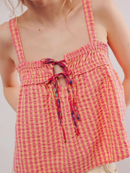 Smocked Gingham Tie-Front Cami-Nordavory