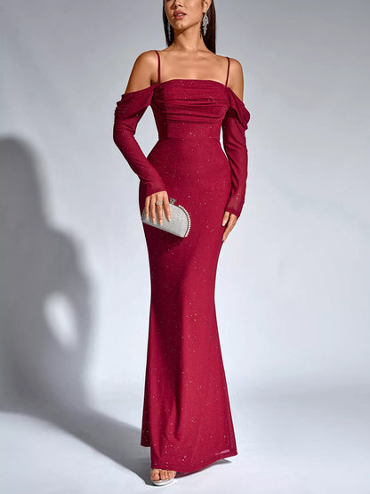 Glitter Ruched Long Sleeve Mermaid Maxi Dress-Nordavory