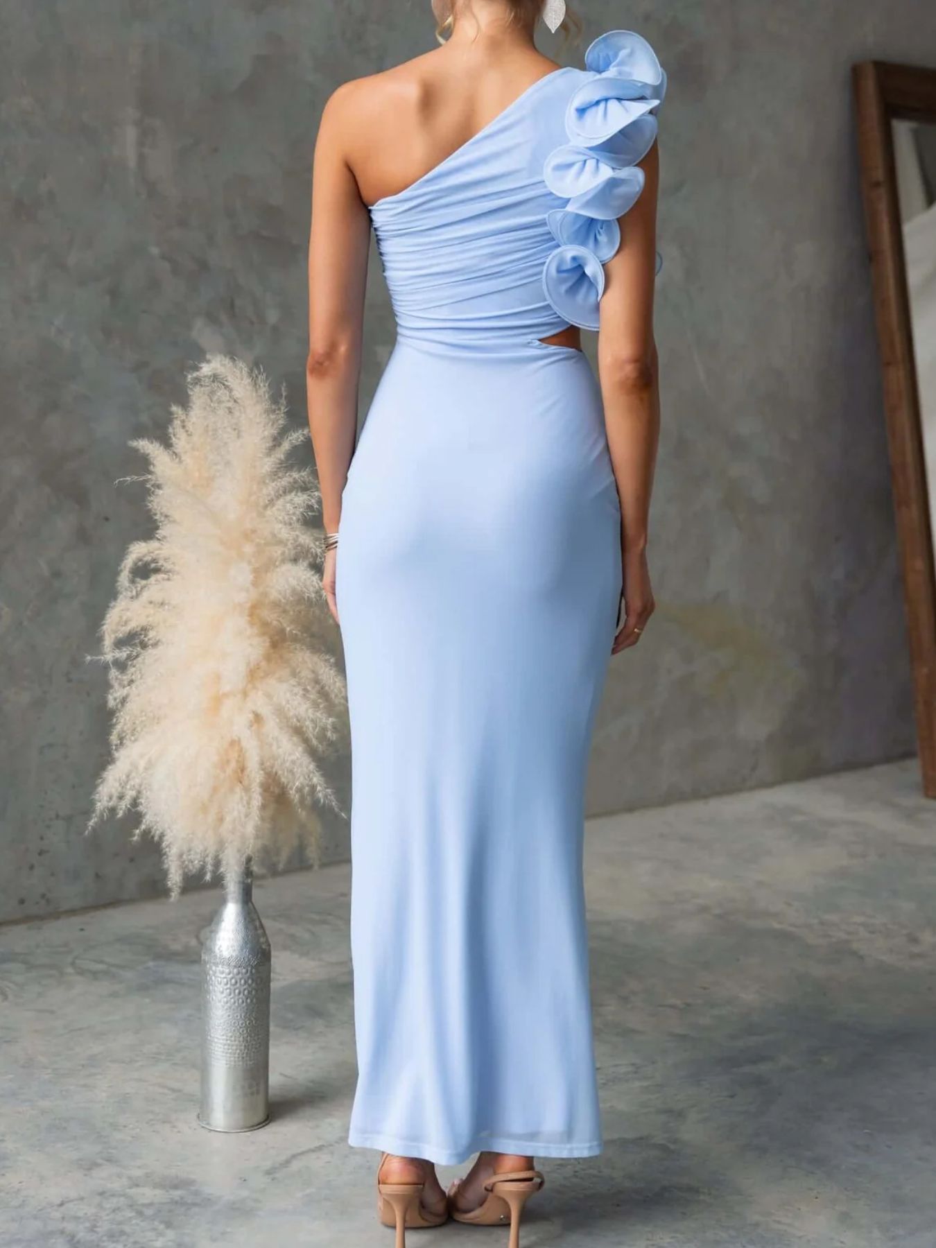 One-Shoulder Floral Trim Sleeveless Maxi Dress-Nordavory