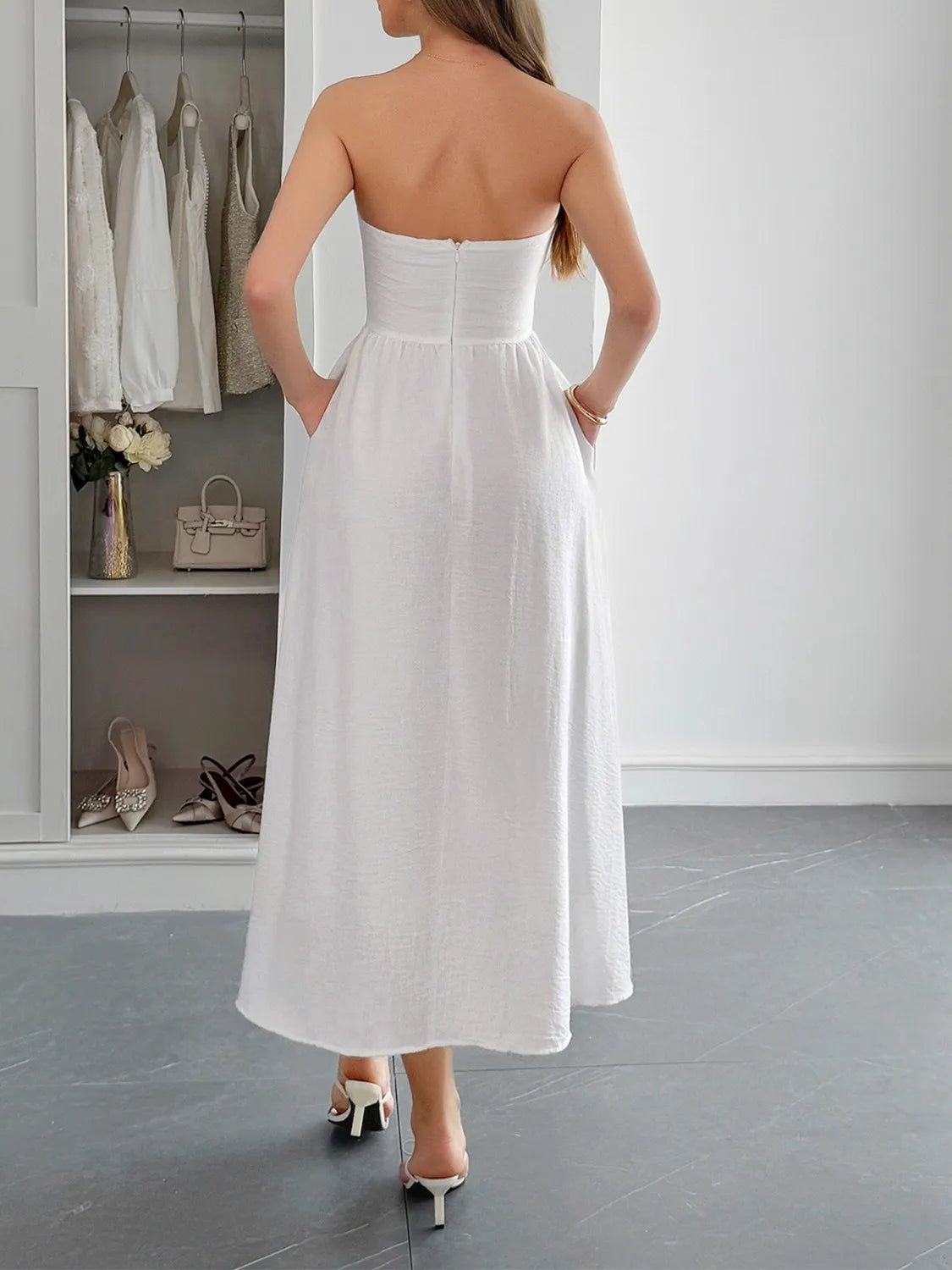 Strapless A-Line Midi Dress with Pockets-Nordavory