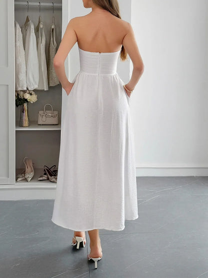 Strapless A-Line Midi Dress with Pockets-Nordavory