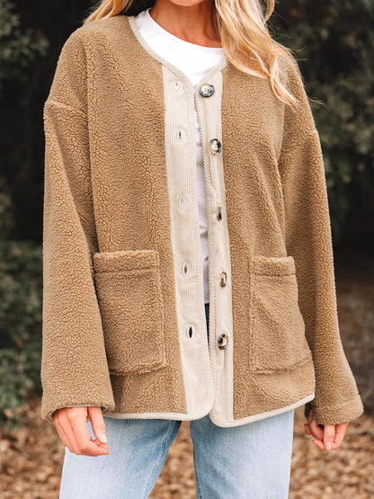 Puffy Plush Corduroy Edge Patchwork Jacket with Pockets-Nordavory