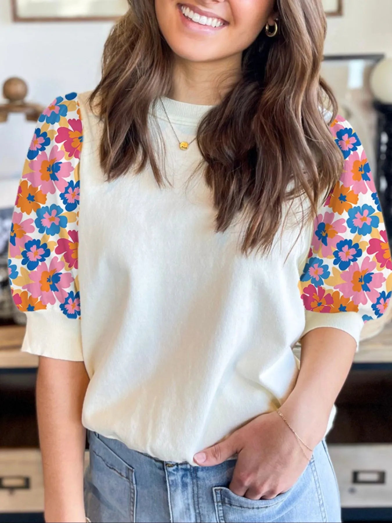 Floral Puff Sleeve Round Neck T-Shirt-Nordavory