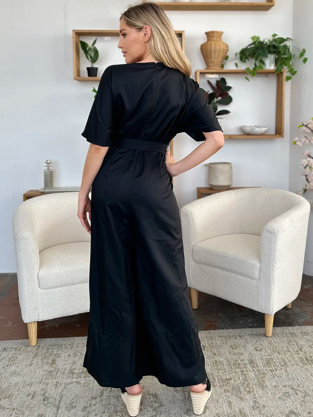 Double Take Full Size V-Neck Tied Side Slit Jumpsuit-Nordavory