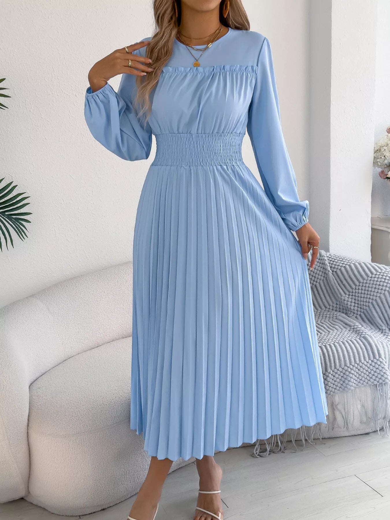 Smocked Pleated Long Sleeve Midi Dress-Nordavory