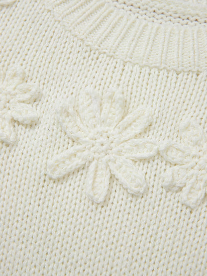 Flower Detail Round Neck Contrast Textured Puff Sleeve Sweater-Nordavory