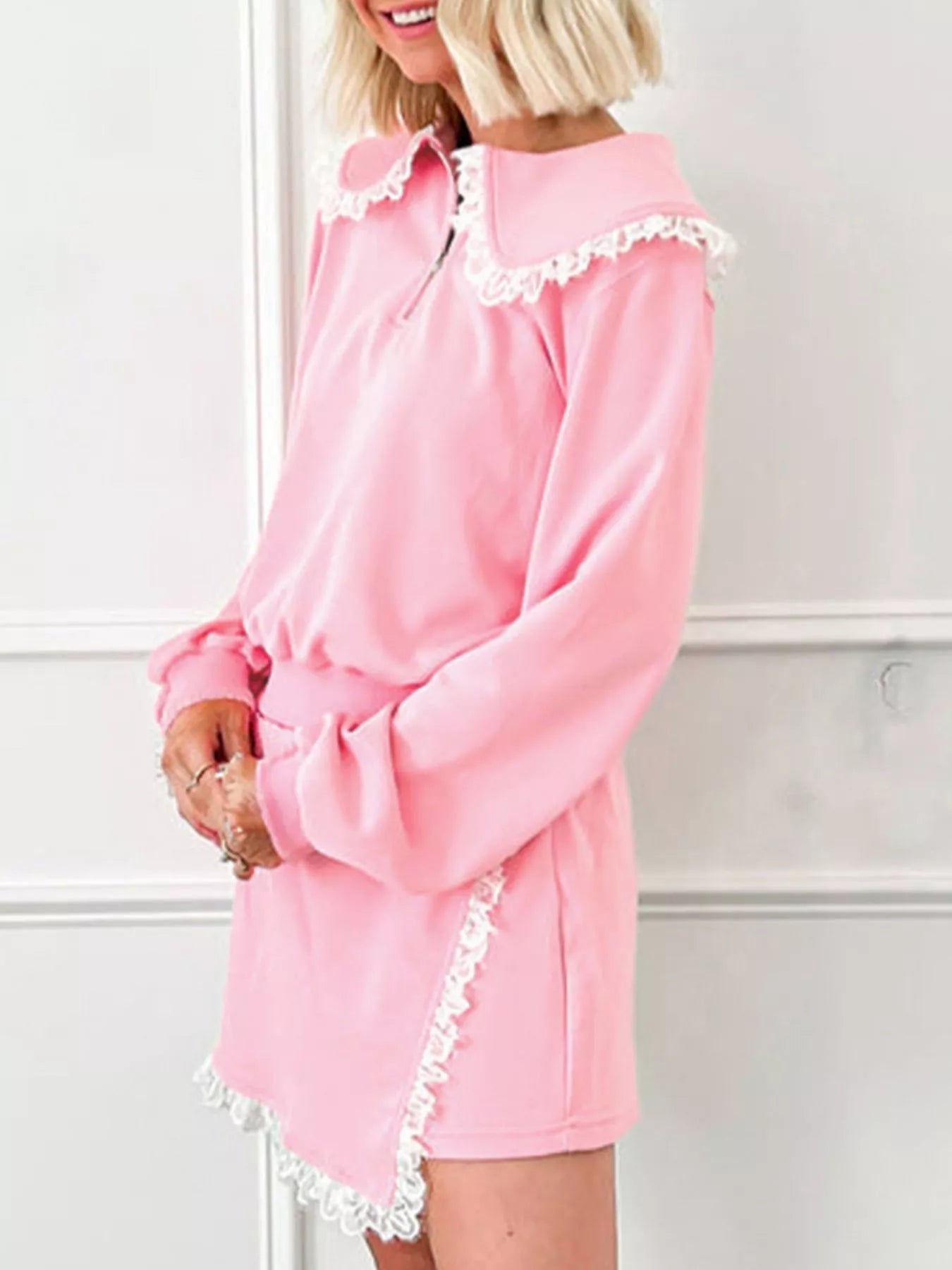 Peter Pan Lace Embellished Neck Sweatshirt and Skirt Two Piece Set-Nordavory