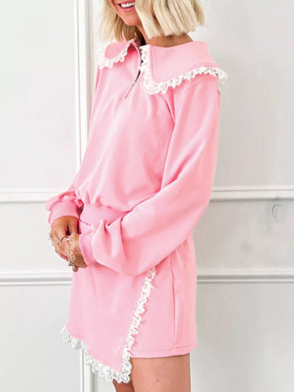 Peter Pan Lace Embellished Neck Sweatshirt and Skirt Two Piece Set-Nordavory