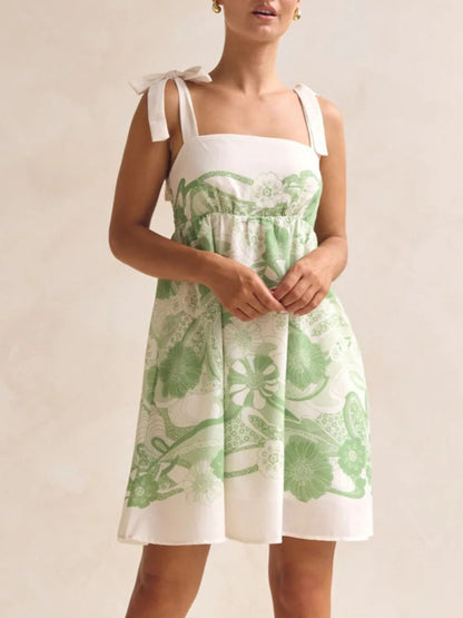 Printed Tie Shoulder Mini Dress-Nordavory