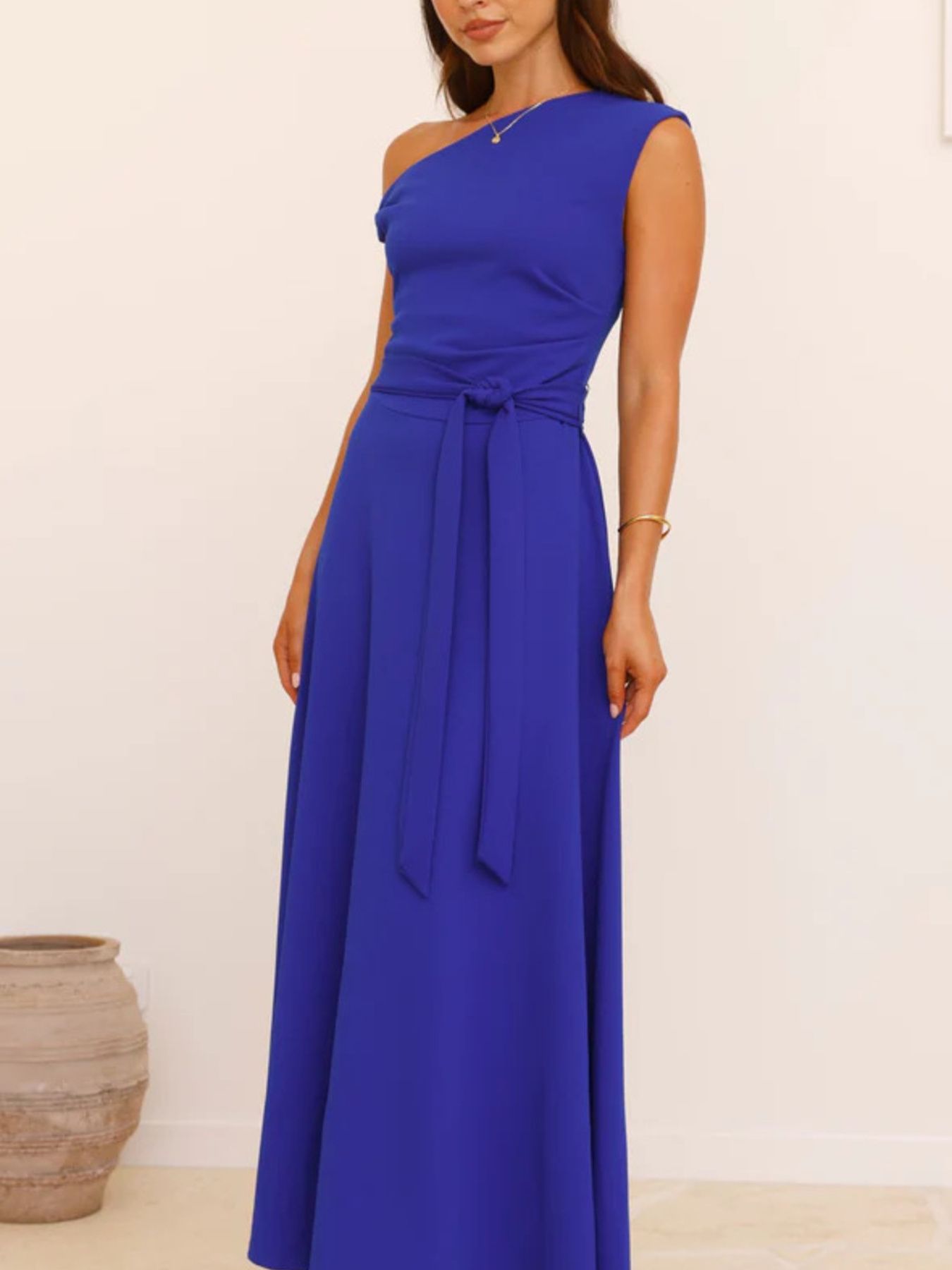 Single Shoulder Tie Waist Maxi Dress-Nordavory