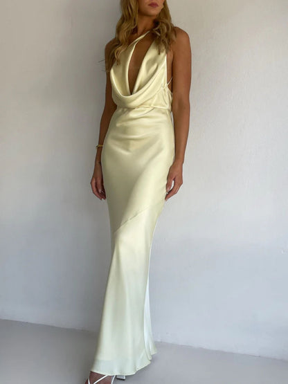 Halter Neck Satin Maxi Dress-Nordavory