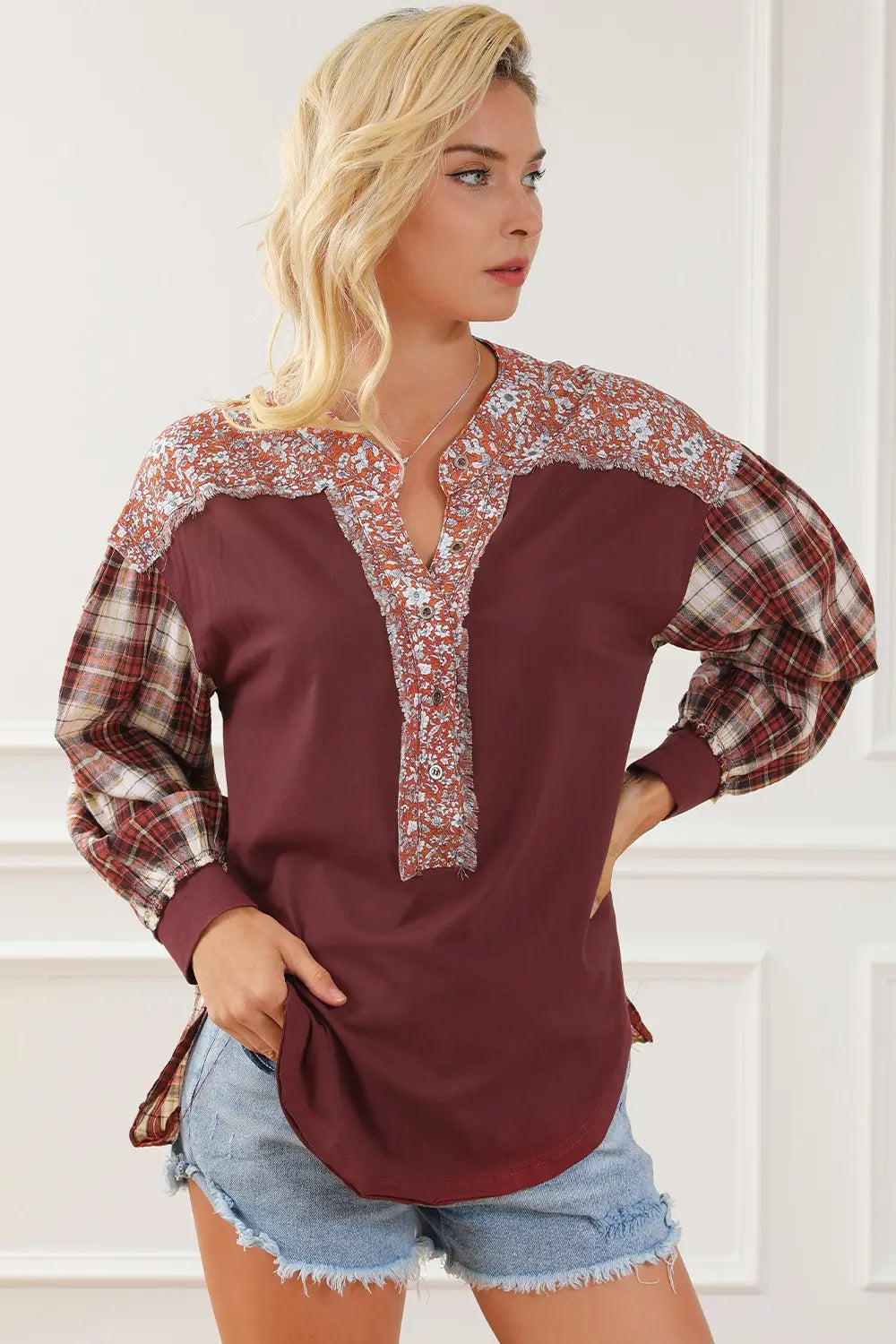 Plaid Notched Neck Slit Blouse-Nordavory