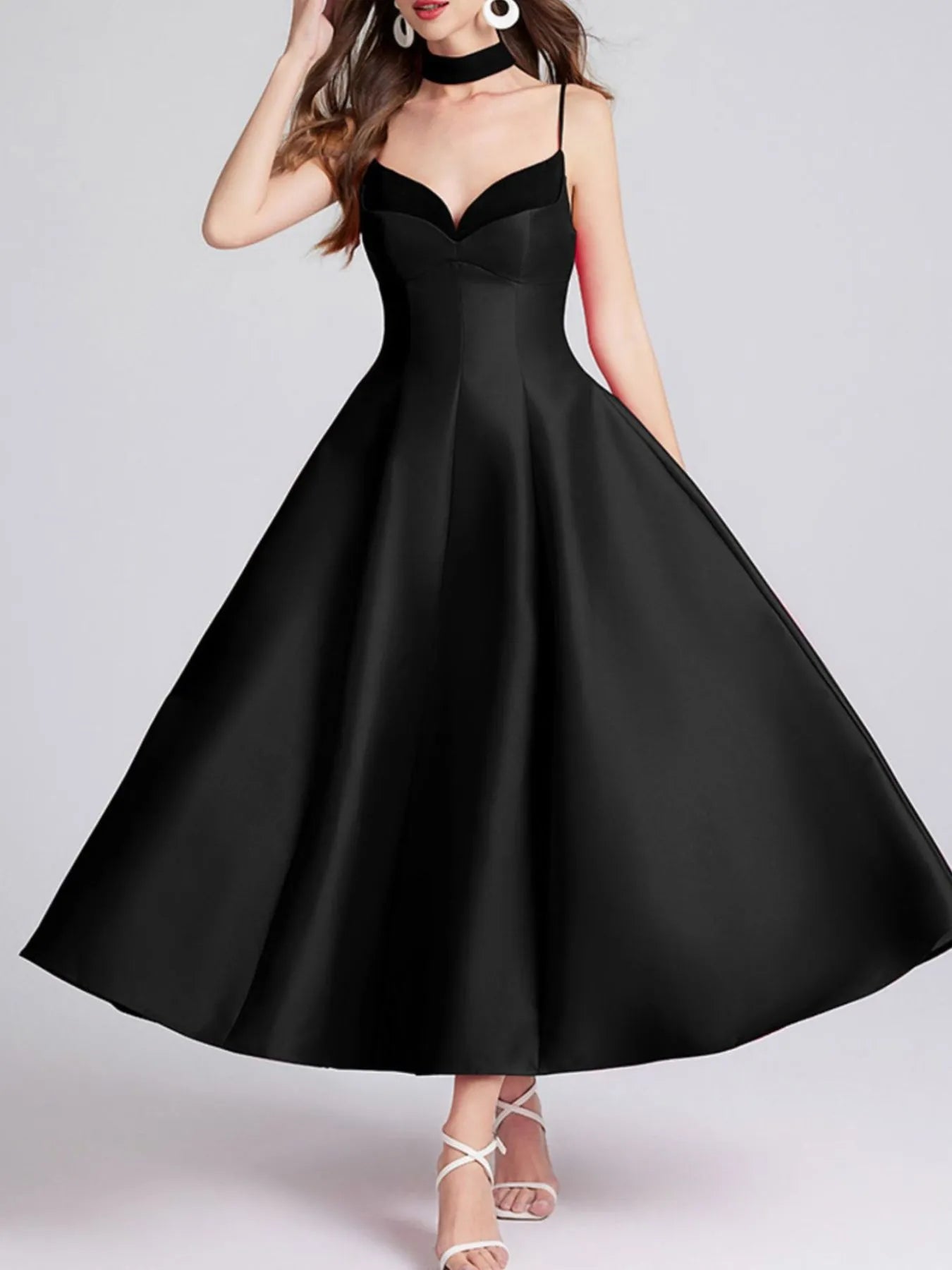 Sweetheart Spaghetti Strap Midi Dress with Collar-Nordavory