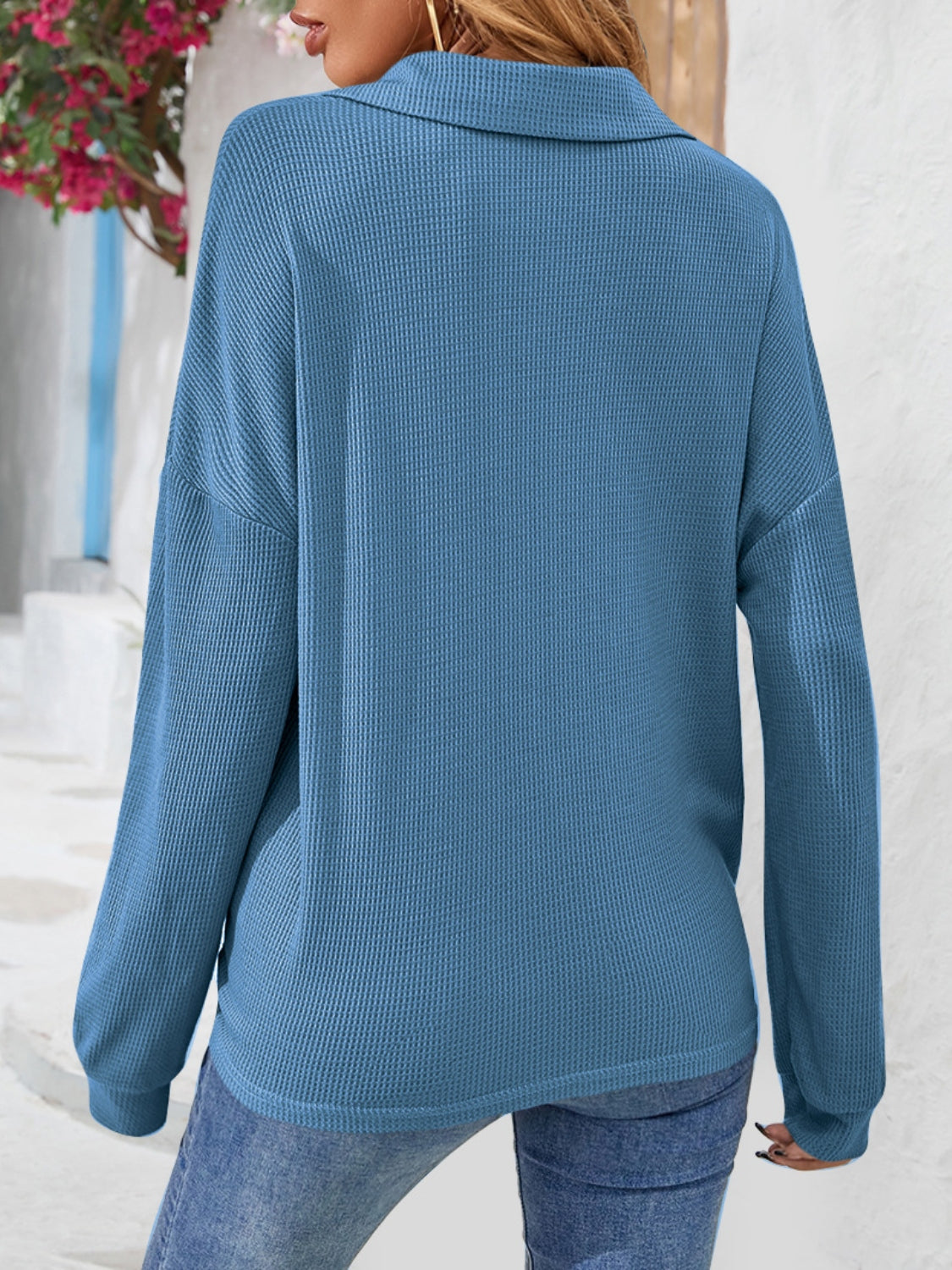 Half Button Collared Neck Long Sleeve Top-Nordavory