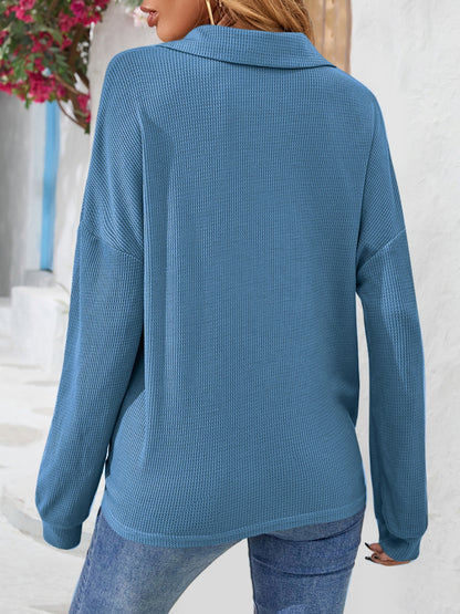 Half Button Collared Neck Long Sleeve Top-Nordavory