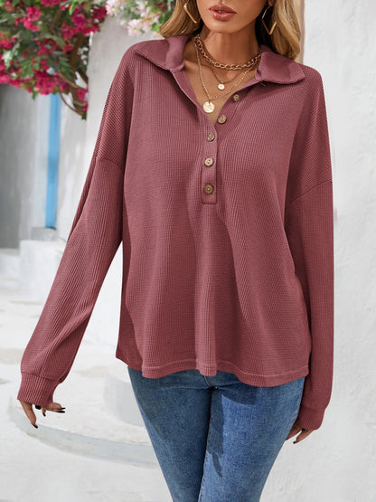 Half Button Collared Neck Long Sleeve Top-Nordavory