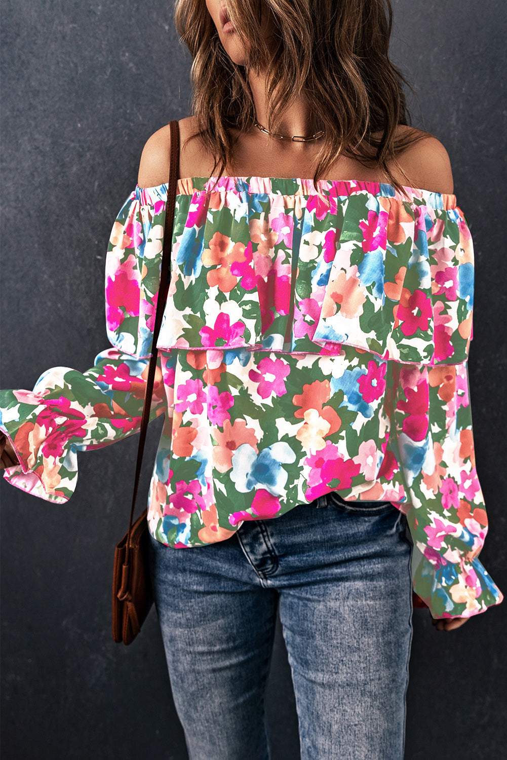 Floral Off-Shoulder Flounce Sleeve Layered Blouse-Nordavory