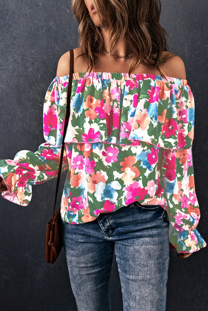 Floral Off-Shoulder Flounce Sleeve Layered Blouse-Nordavory