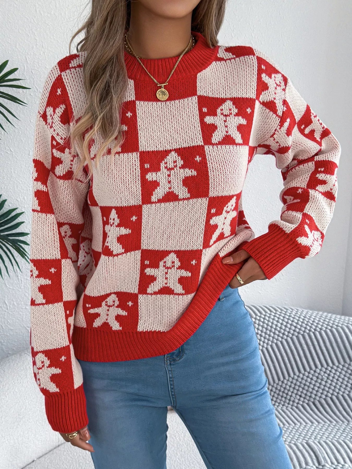 Christmas Checkerboard Gingerbread Round Neck Sweater-Nordavory