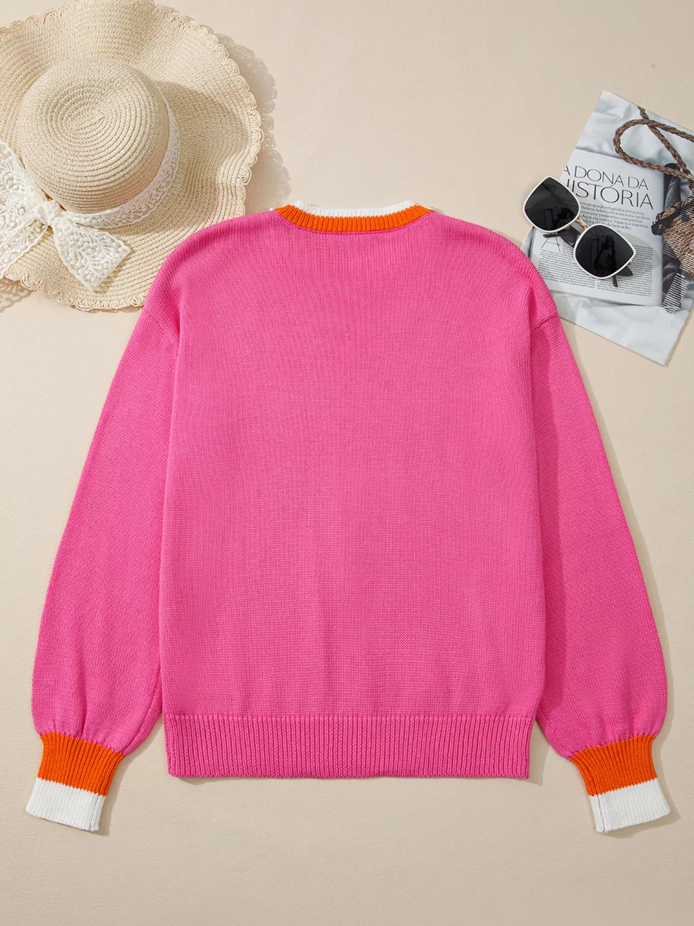 Contrast Crew Neck Pearled Decor Drop Shoulder Knit Sweater-Nordavory