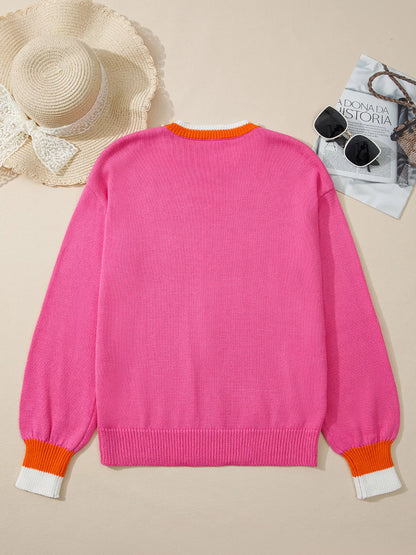 Contrast Crew Neck Pearled Decor Drop Shoulder Knit Sweater-Nordavory