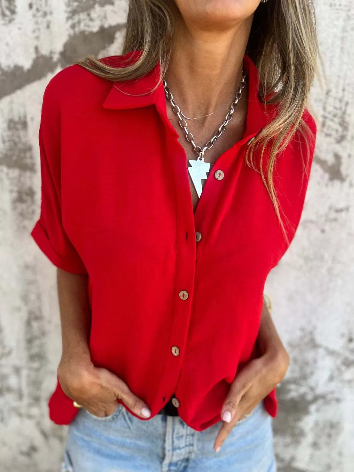 Full Size Collared Neck Half Sleeve Shirt Plus Size-Nordavory