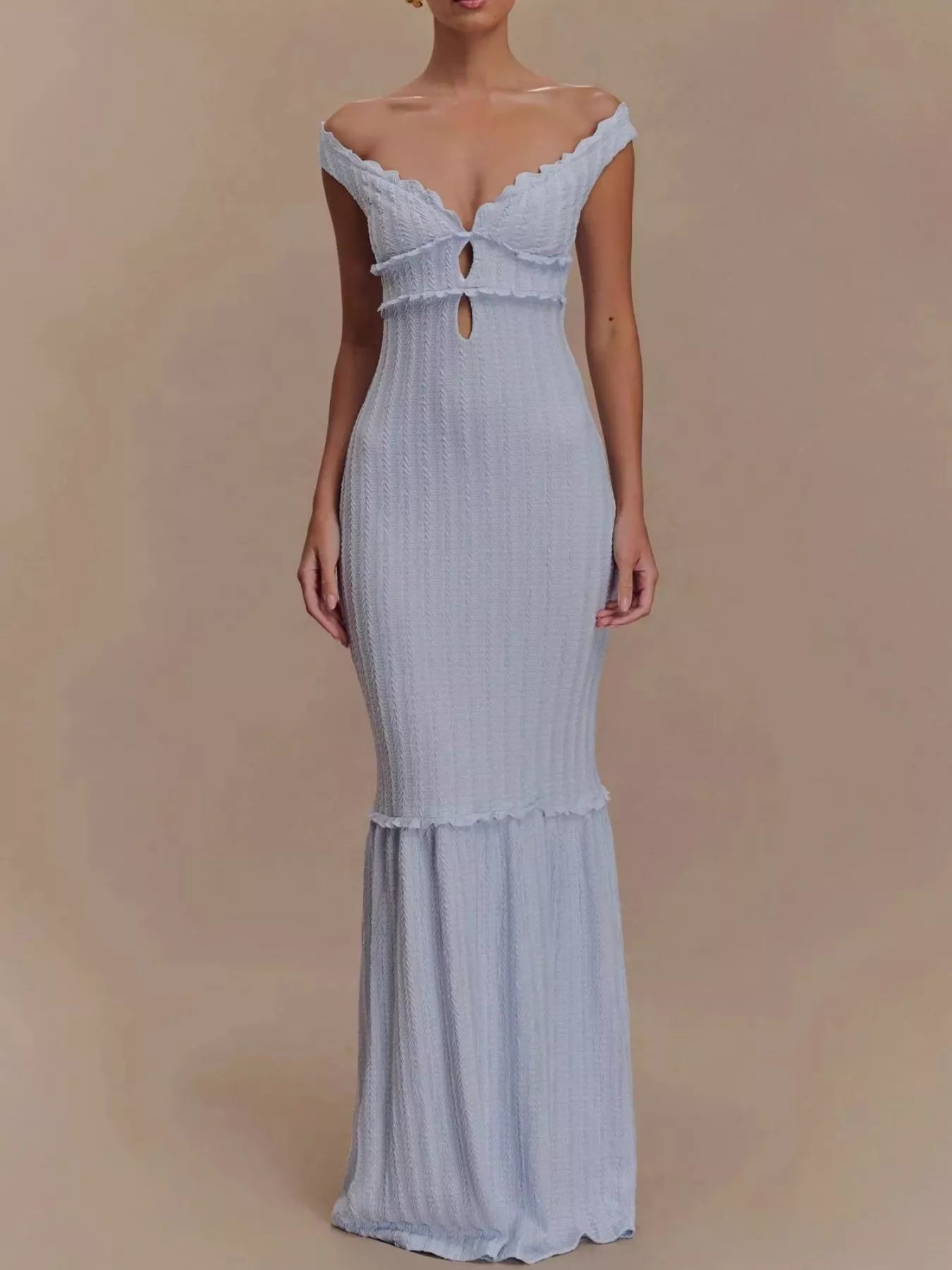Frill Off-Shoulder Knit Maxi Mermaid Dress-Nordavory