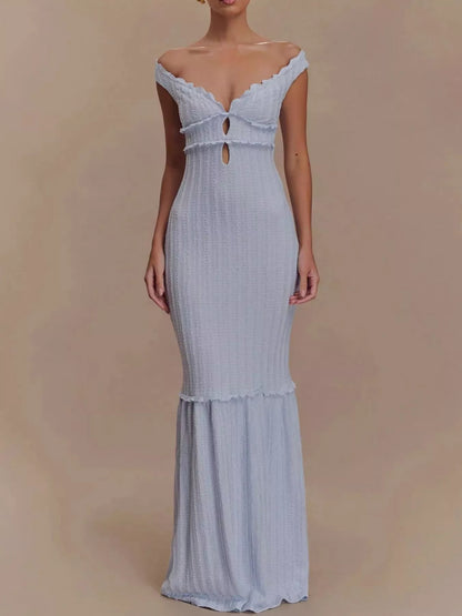 Frill Off-Shoulder Knit Maxi Mermaid Dress-Nordavory