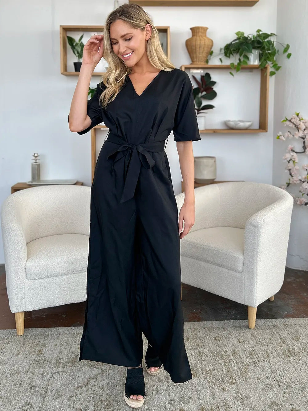 Double Take Full Size V-Neck Tied Side Slit Jumpsuit-Nordavory