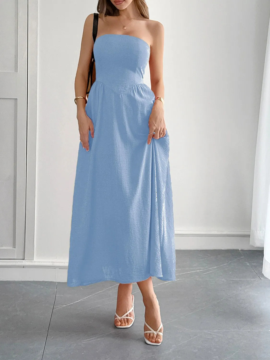 Strapless A-Line Midi Dress with Pockets-Nordavory