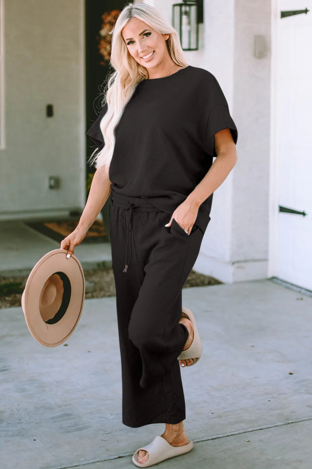 Double Take Full Size Texture Short Sleeve Top and Pants Set-Nordavory