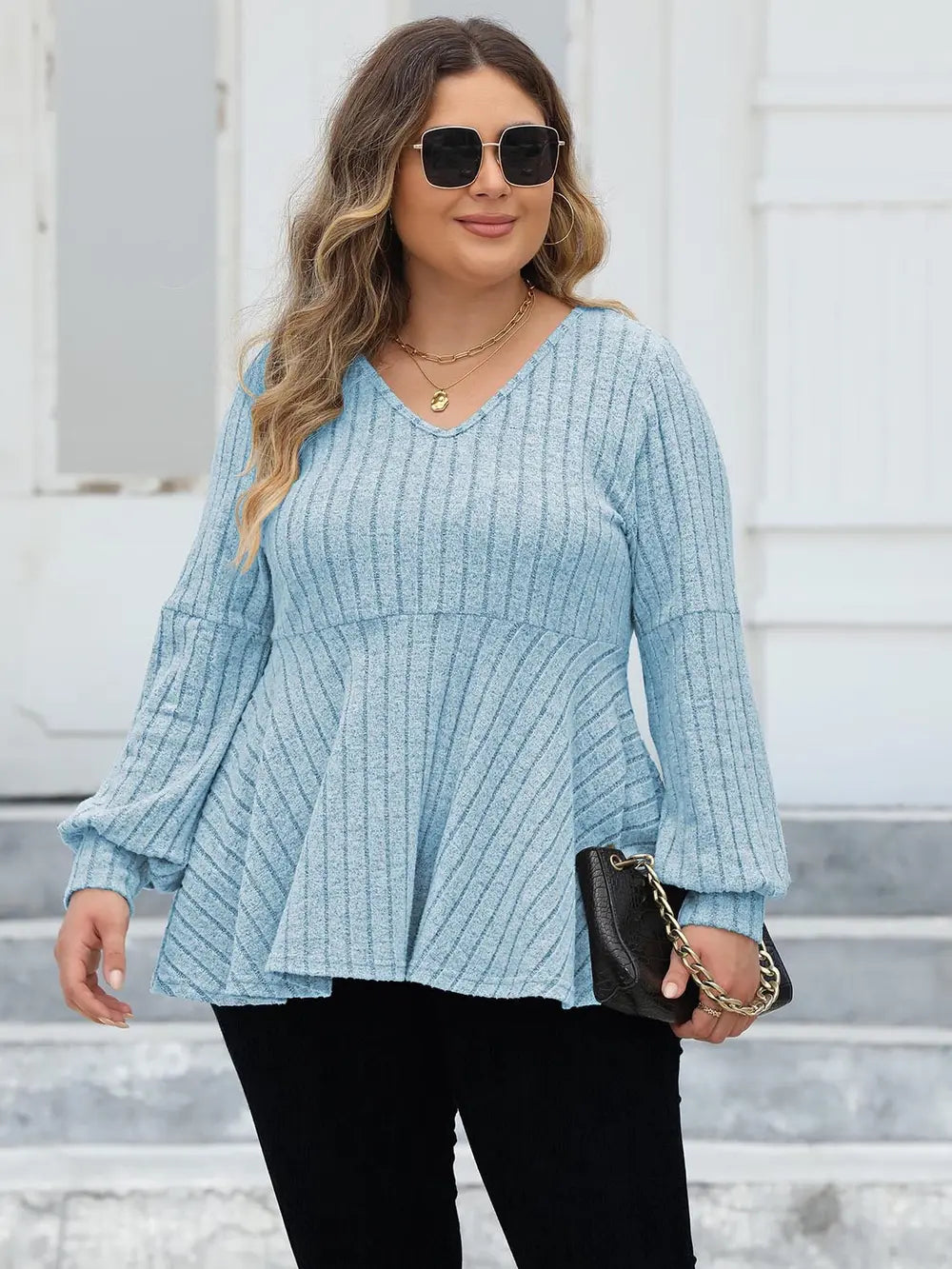 Plus Size Ribbed V-Neck Long Sleeve Blouse-Nordavory