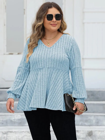 Plus Size Ribbed V-Neck Long Sleeve Blouse-Nordavory