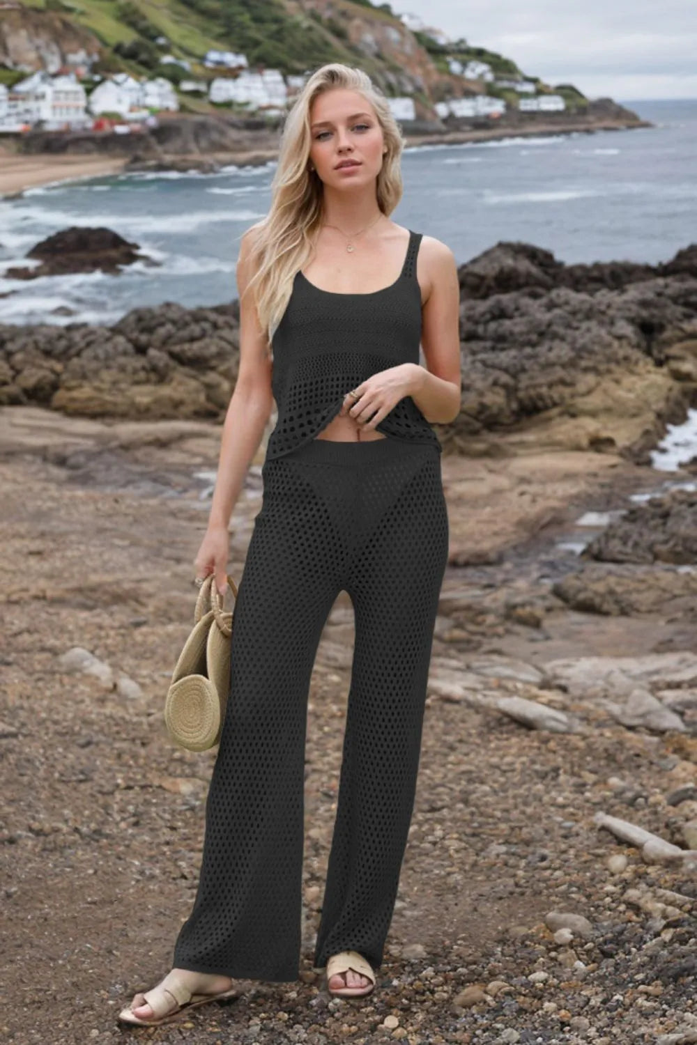 Hollow Out Round Neck Top and Pants Sweater Cover Up Set-Nordavory