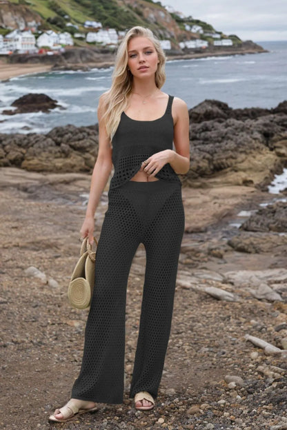 Hollow Out Round Neck Top and Pants Sweater Cover Up Set-Nordavory