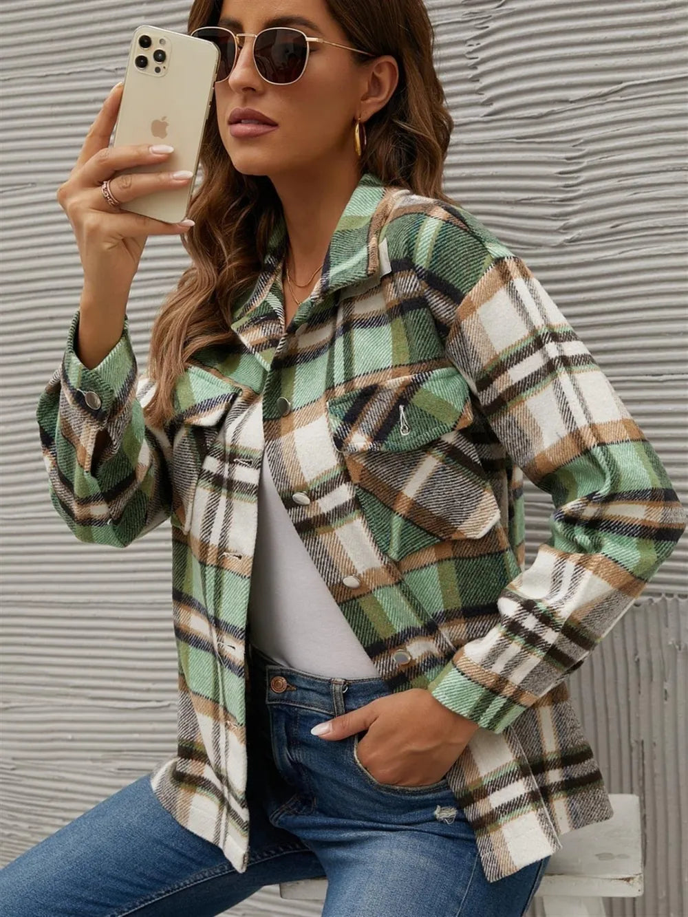 Plaid Collared Neck Long Sleeve Jacket-Nordavory