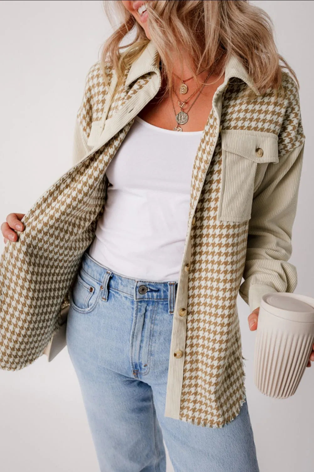 Houndstooth Button Up Long Sleeve Jacket-Nordavory