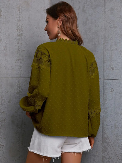 Crochet Tassel Tie Neck Long Sleeve Blouse-Nordavory