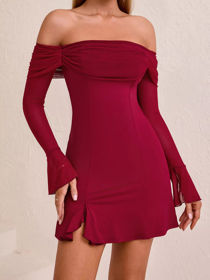 Off-Shoulder Long Sleeve Mini Dress-Nordavory