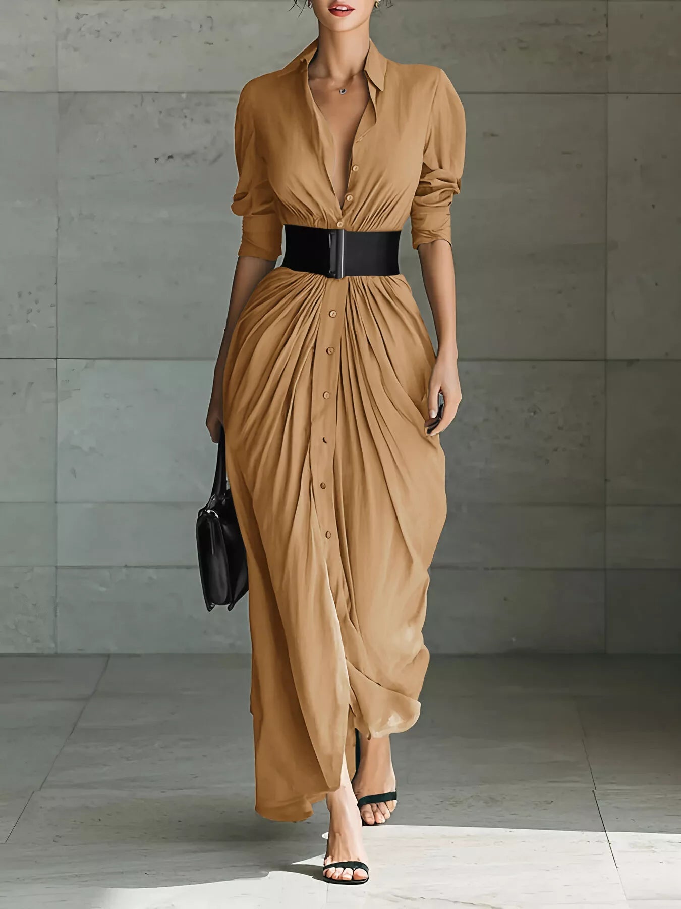 Full Size Button Front Ruched Shirt Maxi Dress Plus Size-Nordavory