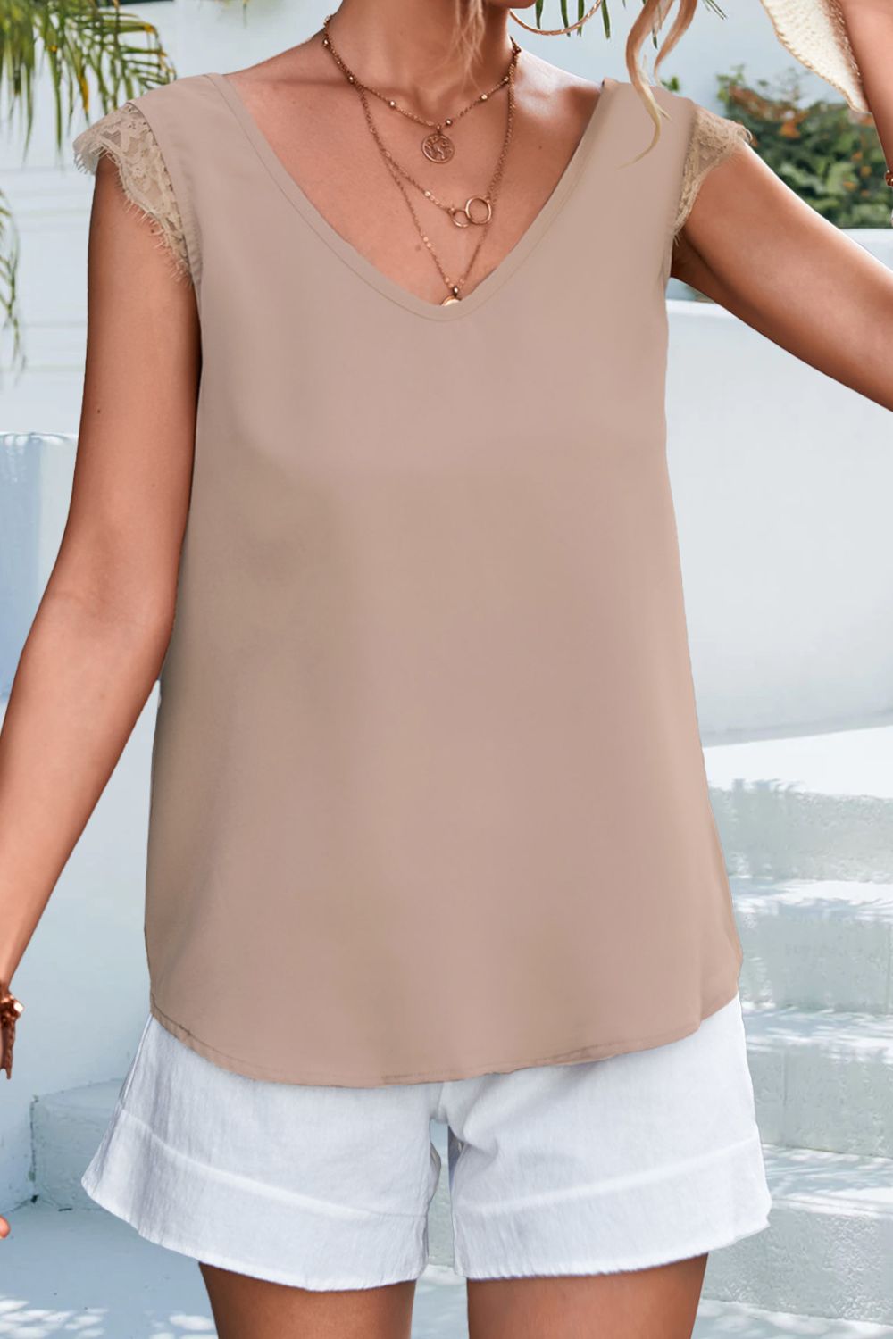 Lace Detail Eyelash Trim V-Neck Tank-Nordavory