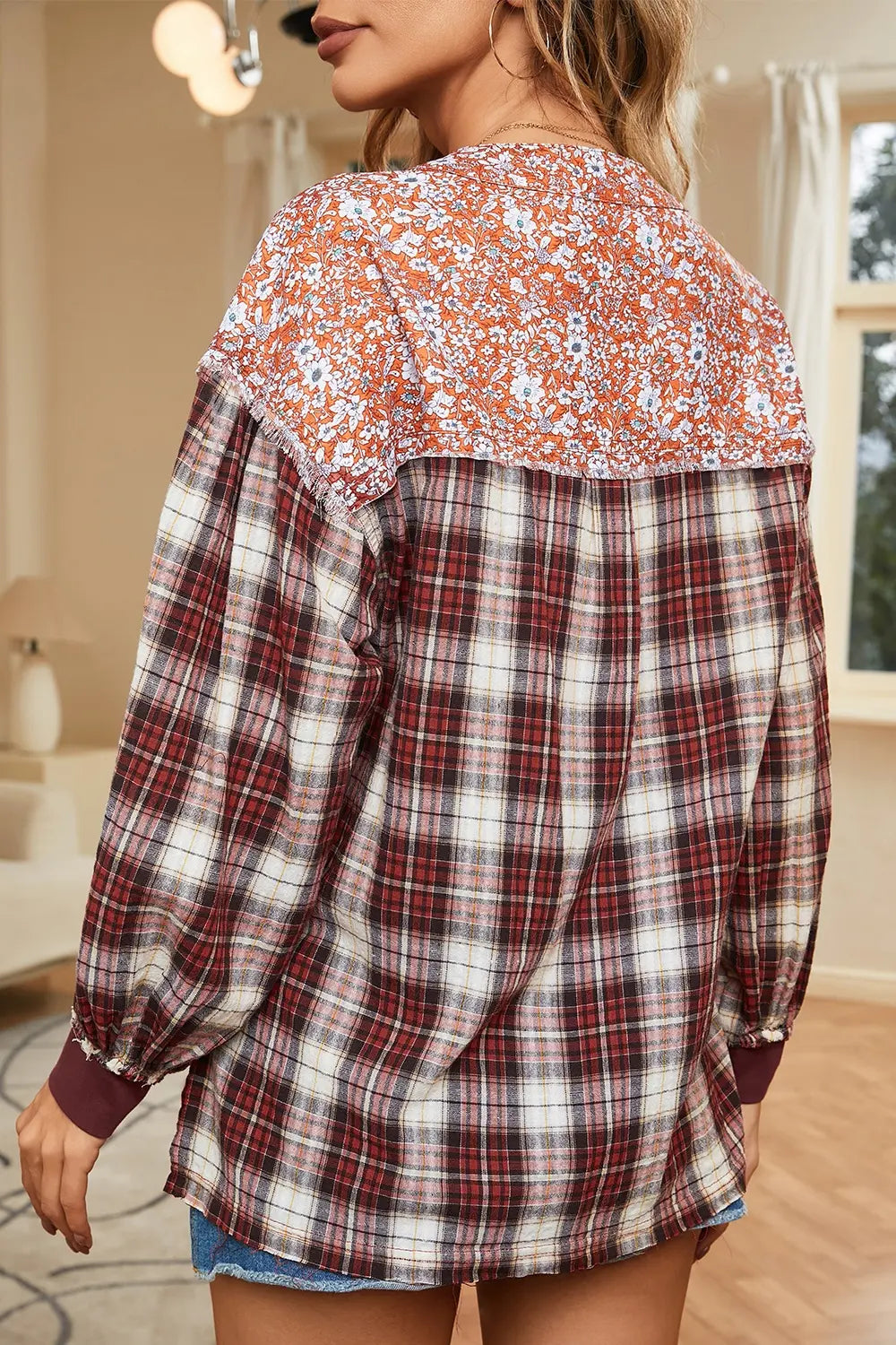 Plaid Notched Neck Slit Blouse-Nordavory