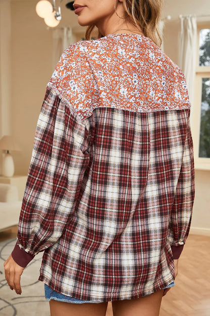 Plaid Notched Neck Slit Blouse-Nordavory