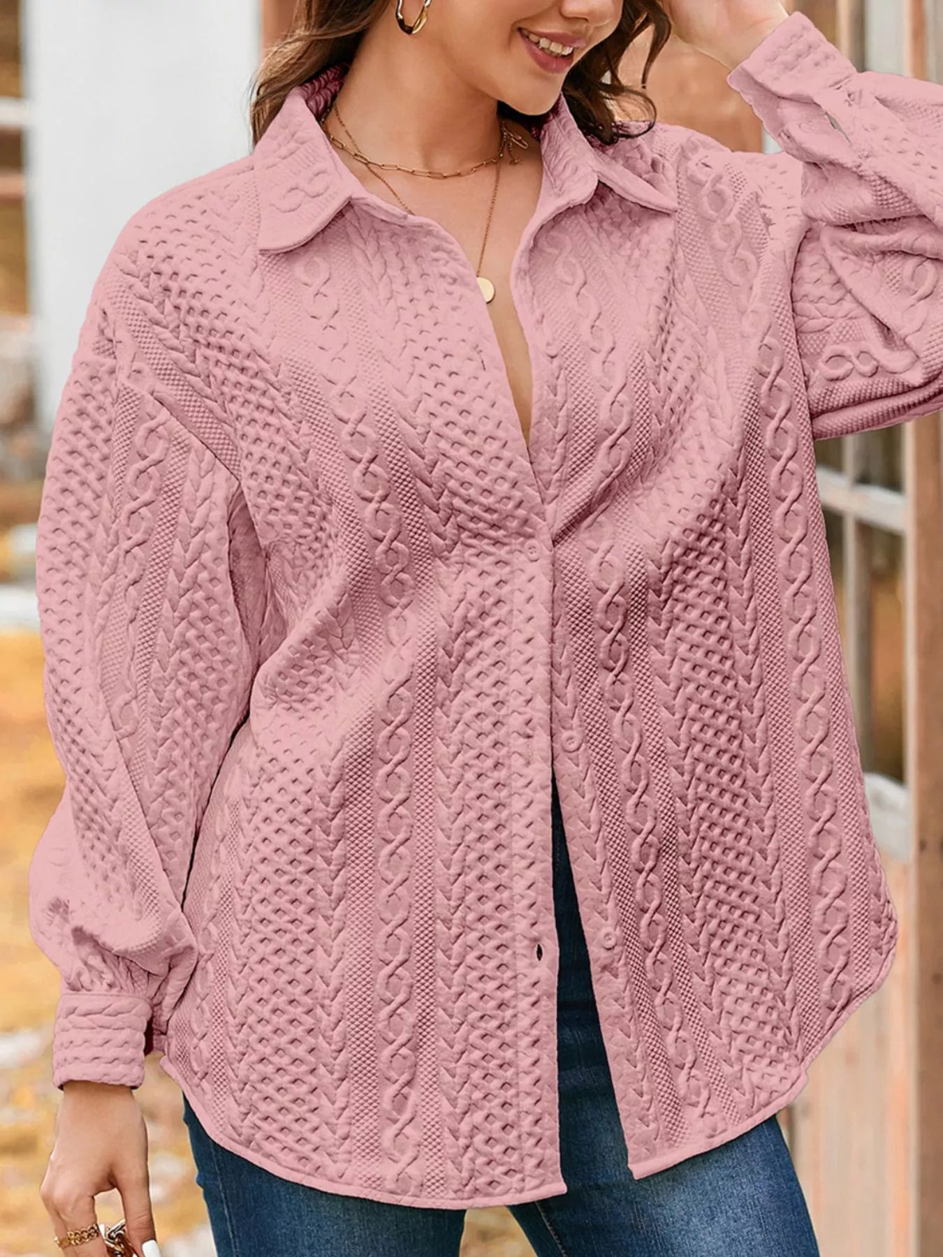 Cable Texture Puff Sleeve Loose Shacket-Nordavory