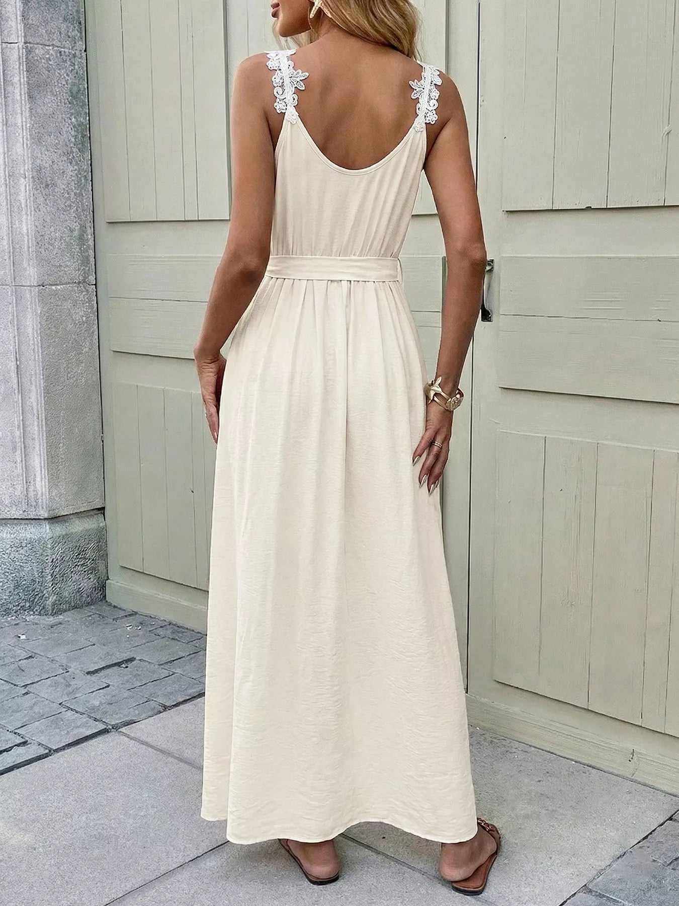 Lace Trimmed Slit Maxi Dress-Nordavory