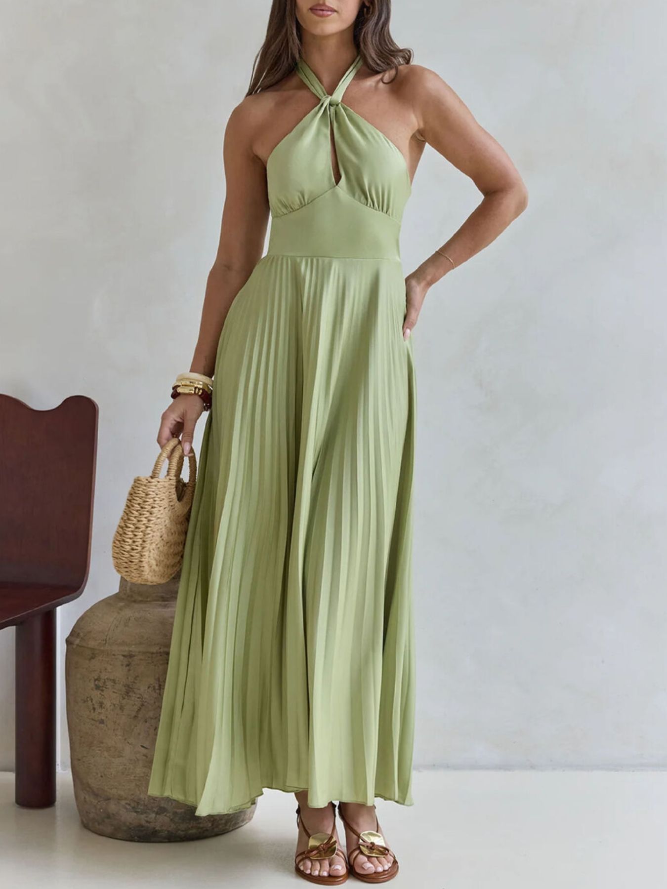Halter Neck Pleated A-Line Dress-Nordavory