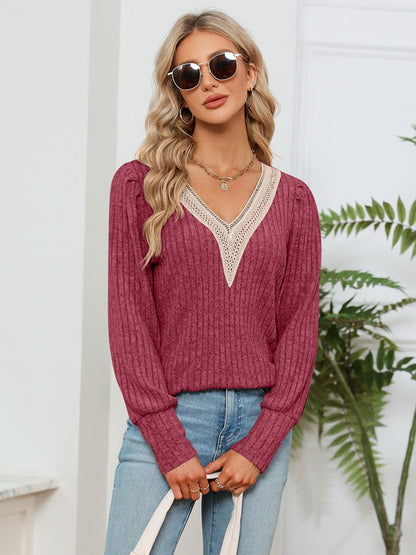 Lace Detail V-Neck Ribbed Blouse-Nordavory